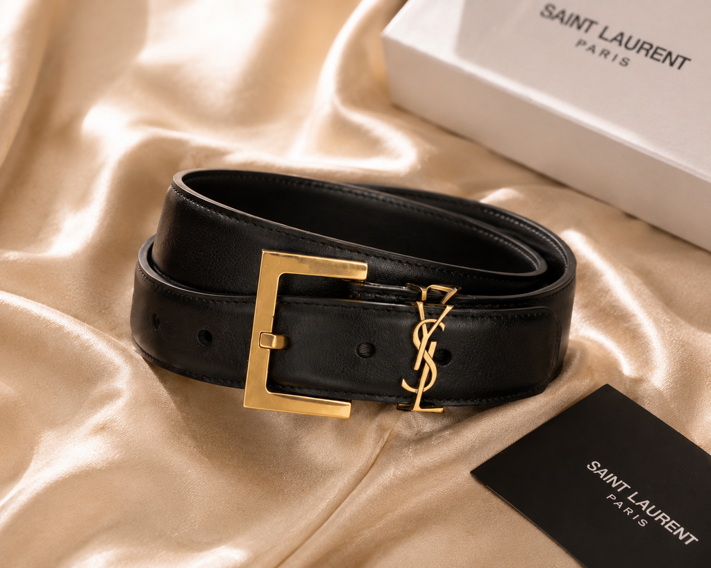 Authentic Saint Laurent Cassandre Belt in Smooth Leather – Black