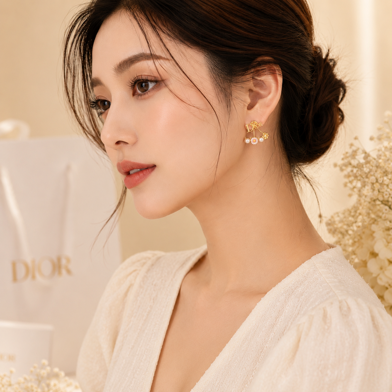 Dior Mini Daisy Pearl Earrings – Gold Tone
