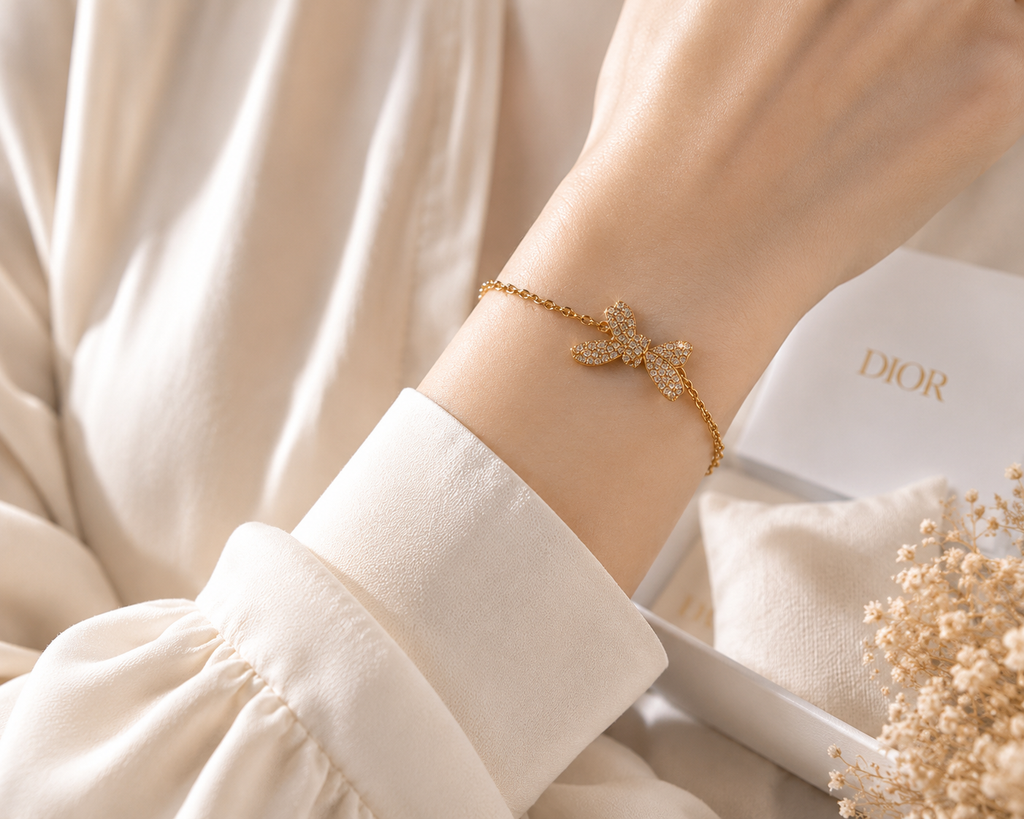 Dior Delicate Bow Bracelet – Gold Finish with Crystals