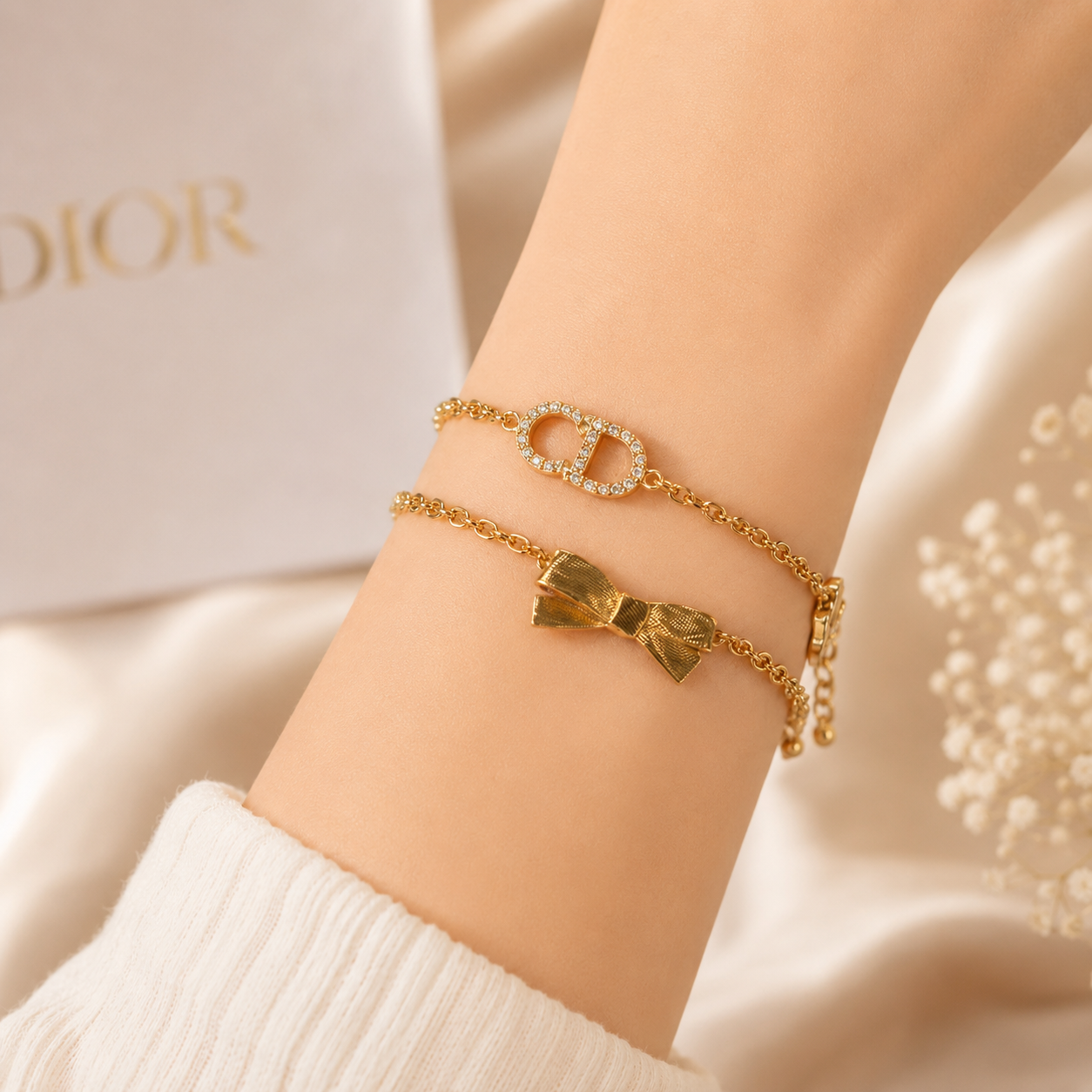 Dior CD Bow Bracelet – Gold Finish with Crystals