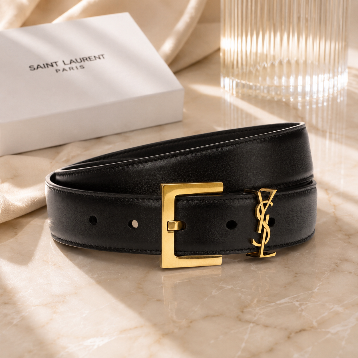 Authentic Saint Laurent Cassandre Belt in Smooth Leather – Black