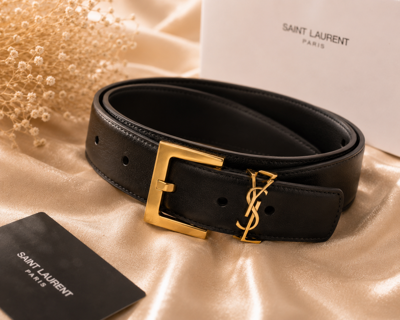 Authentic Saint Laurent Cassandre Belt in Smooth Leather – Black