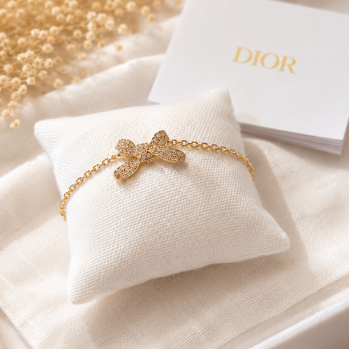 Authentic Dior Delicate Bow Bracelet – Gold Finish with Crystals