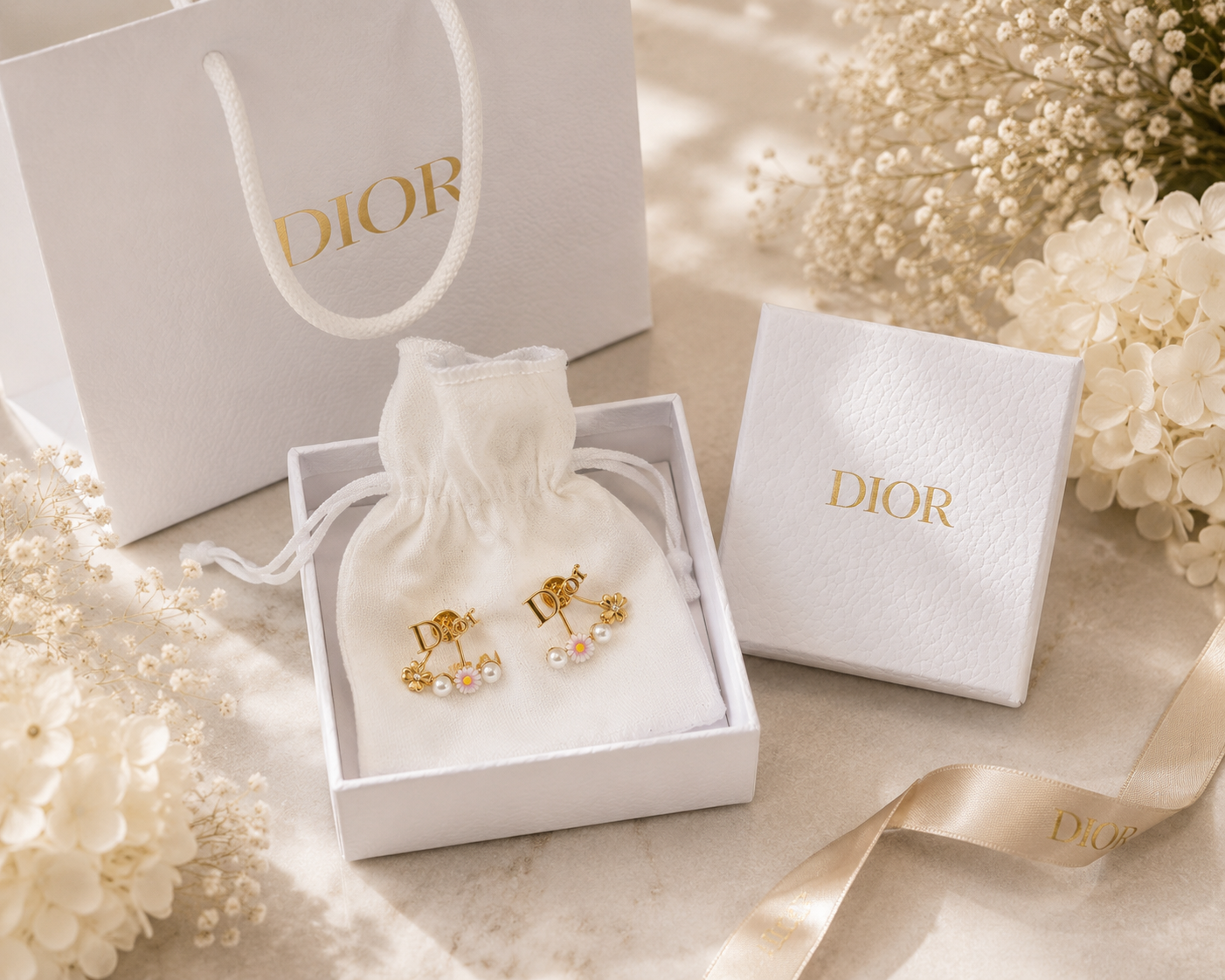 Dior Mini Daisy Pearl Earrings – Gold Tone