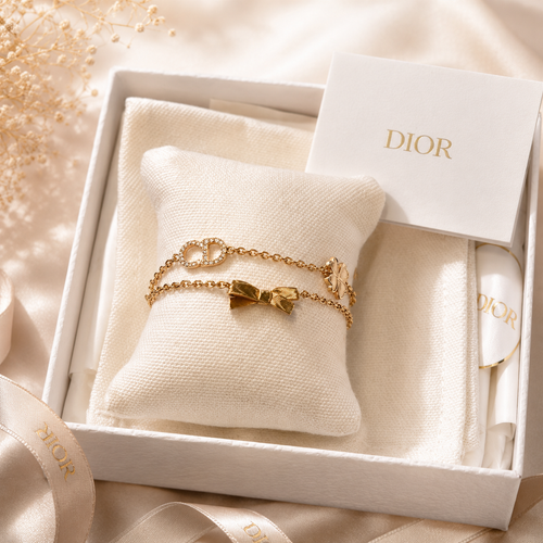 Authentic Dior CD Bow Bracelet – Gold Finish with Crystals