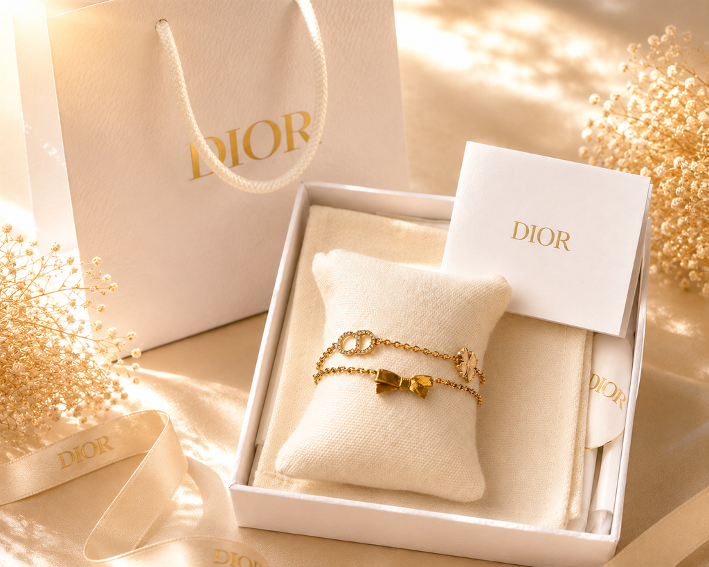 Dior CD Bow Bracelet – Gold Finish with Crystals